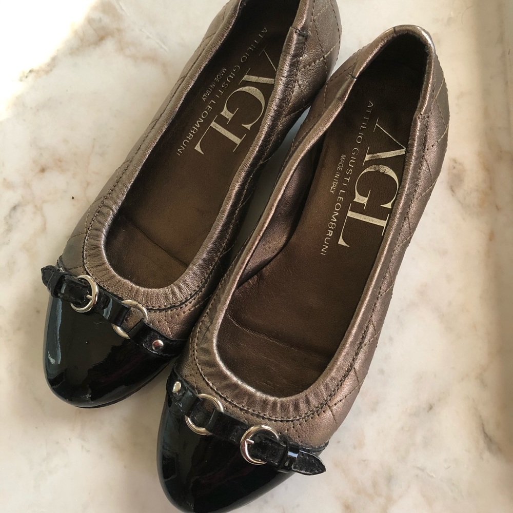 AGL Ballet Flats quilted leather patent cap toe.